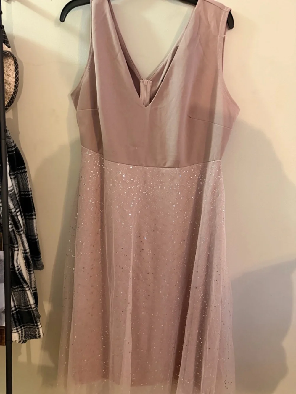 NWOT SHEIN Curve 1XL/14 Rose Gold sleeveless party mid dress with sheer fabric. - Picture 2 of 6